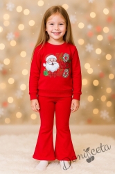 Коледен комплект за момиче от блуза в червено с коледна картинка и панталон тип чарлстон в червено 3