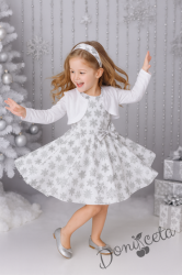 Комплект от рокличка за Коледа със сиви снежинки и болеро в бяло