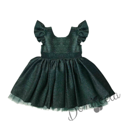 Официална детска рокля с къс ръкав с брокат в зелен цвят с тюл с панделка и фиба с панделка
