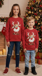 Коледна тройно ватирана блуза Звън с еленче с шалче в червено 