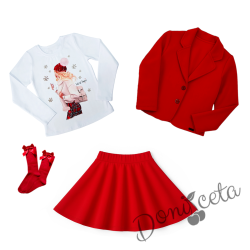 Комплект за момиче от 4 части-сако в червено, пола клош от трико Роси в червено, блуза с дълъг ръкав в бяло с коледна картинка и чорапи с панделка