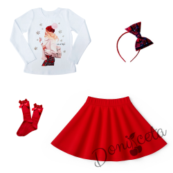 Комплект за момиче от 4 части-пола клош от трико Роси в червено, блуза с дълъг ръкав в бяло с коледна картинка, чорапи с панделка и диадема 1