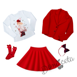 Комплект за момиче от 5 части-сако в червено, пола клош от трико Роси в червено, блуза с дълъг ръкав в бяло с коледна картинка, чорапи с панделка и диадема