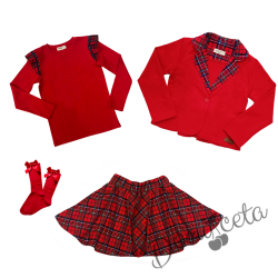 Комплект за момиче от 4 части-сако в каре,пола клош от трико Роси в каре, блуза рипс с дълъг ръкав в червено и чорапи с панделка