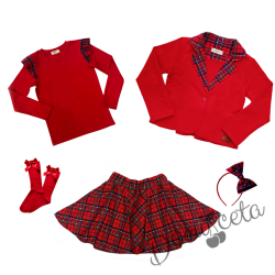 Комплект за момиче от 5 части-сако в каре, пола клош от трико Роси в каре, блуза рипс с дълъг ръкав в червено, чорапи с панделка и диадема
