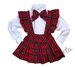 Комплект за момиче от 3 части- сукман Гери в каре с плисирана пола, риза в бяло с дълъг ръкав и къдрички и панделка в каре