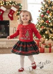 Коледна детска рокля в червено с каре с надпис Повярвай в магията на Коледа