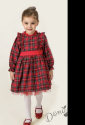 Детска коледна рокля за момиче в каре с къдрички и панделка на гърба