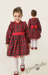 Детска коледна рокля за момиче в каре с къдрички и панделка на гърба