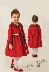 Коледна детска рокля в червено с яка в каре и панделка на гърба 1