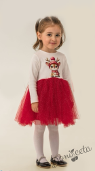 Коледна детска рокля в бяло със сладка картинка на еленче и блестящ тюл в червено