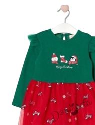 Коледна бебешка рокля в зелено с тюл в червено с коледни мотиви