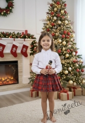 Комплект от 2 части - пола плисе каре в червено и риза с дълъг ръкав