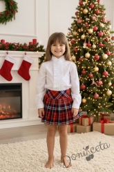 Комплект от 2 части-плисирана пола в червено и тъмносиньо и риза с дълъг ръкав с висока яка