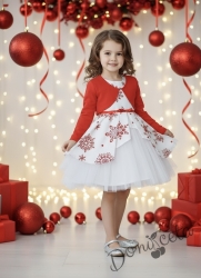 Детска коледна рокля в бяло на червени снежинки с тюл и болеро в червено