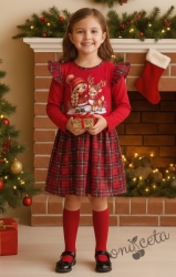 Детска коледна рокля с дълъг ръкав в червено с каре в долната част и картинка на момиченце