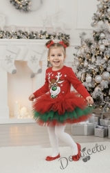Ватирана коледна детска рокля Звън в червено и зелено с тюл с еленче отпред