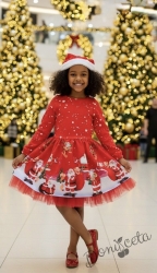 Детска коледна рокля с дълъг ръкав в червено с коледни мотиви и коледна шапка