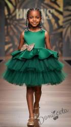 Коледна детска рокля в зелено с тюл и панделка в златисто