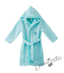 Детски халат за баня с качулка, джобчета и картинка в цвят мента