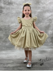 Официална детска рокля с къс ръкав с брокат в златисто с тюл с панделка и фиба с панделка Алина