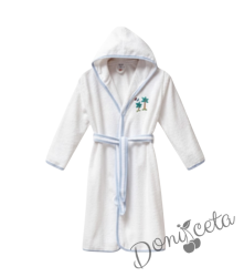 Детски халат за баня в бяло и синьо с качулка, джобчета и картинка
