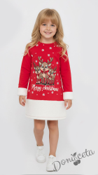 Коледна детска рокля в червено със сладка коледна картинка и надпис 