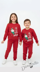 Ватиран детски коледен комплект за момче/момиче от блуза в червено със снежен човек и надпис и панталонки в червено