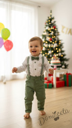 Бебешки комплект за момче от 4 части - боди-риза в бяло със зелени орнаменти, панталони, тиранти и папийонка в зелено 28231383