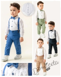 Бебешки комплект за момче от 4 части - боди-риза в бяло със сини орнаменти, панталони, тиранти и папийонка в синьо 28231380 23