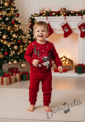 Ватиран детски коледен комплект за момче/момиче от блуза в червено с весел елен и панталонки в червено