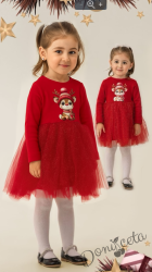 Коледна детска рокля в червено със сладка картинка на еленче и блестящ тюл в червено