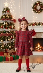 Детска коледна рокля каре  Мариелка с дълъг ръкав и с къдрички от каре