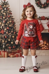 Детски комплект от къси панталони в червено каре и блуза в червено с момиченце и елха