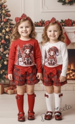 Детски комплект от къси панталони в червено каре и блуза в бяло с момиченце и елха