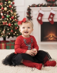 Официална детска/бебешка рокля в червено с черен тюл и еленче на квадратчета