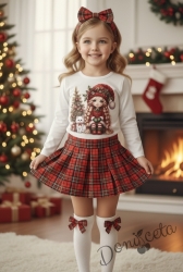Детски комплект за момиче от пола каре и блуза в бяло с коледна картинка на момиченце и елха