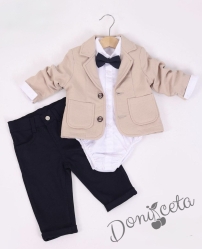 Бебешки комплект за момче от 4 части - боди-риза в бяло с панталон, сако и папийонка в бежово и тъмен панталон