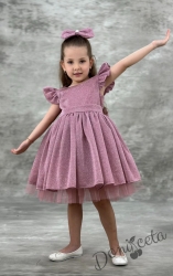Официална детска рокля с къс ръкав с брокат в пепел от рози с тюл с панделка и фиба с панделка Алина