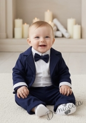 Бебешки комплект за момче от 4 части- боди-риза в бяло с панталон, сако и папийонка в тъмносиньо 