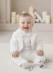 Официален бебешки костюм за момче от 4 части - сако в бяло, риза в бяло, панталон и папийонка в бяло