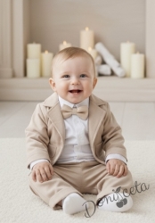 Официален бебешки костюк за момче от 4 части- боди-риза в бяло, панталон, сако и папийонка в бежово  от колекция Бежина