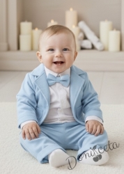 Бебешки елегантен комплект за момче от 4 части - боди-риза в бяло с панталон, сако и папийонка в светлосиньо 