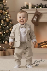 Бебешки елегантен костюм за момче от 4 части в бежово- сако, панталон, риза в бяло и папийонка
