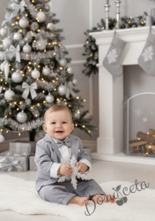 Бебешки елегантен костюм за момче от 4 части в сиво - сако, панталон, риза в бяло и папийонка