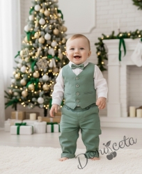 Бебешки елегантен комплект за момче от 4 части-риза в бяло, панталон, елек и папийонка в зелено от колекция Зелениада