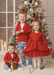 Детска коледна  рокля с дълъг ръкав Надежда в червено с тюл отпред