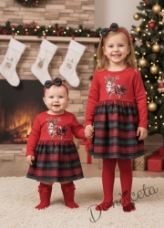 Комплект от 2 части-детска рокля с дълъг ръкав а с картинка в червено с каре в долната част и диадема