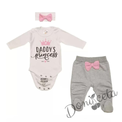 Бебешки комплект за момиче от 3 части в екрю - боди в екрю с надпис, ританки в сиво с панделка и диадема с панделка в розово