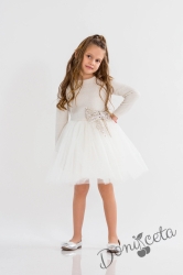 Официална детска рокля в екрю с ефектен плат и панделка в златисто